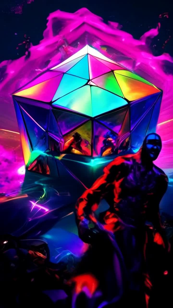 Dark Horse Comics rendition of the Art styles of HR Giger shimmering cube pulsating with vibrant colors while curious onlookers approach with excitement and hesitation as they step inside vibrant chaos explodes within the cube swirling lights and euphoric patterns creating a psychedelic wonderland music permeates the air while eclectic figures sway rhythmically under swirling neon hues as outlandish creatures exhilarating energy radiates fear from every corner as it shift the form of those who enter ever shapeless