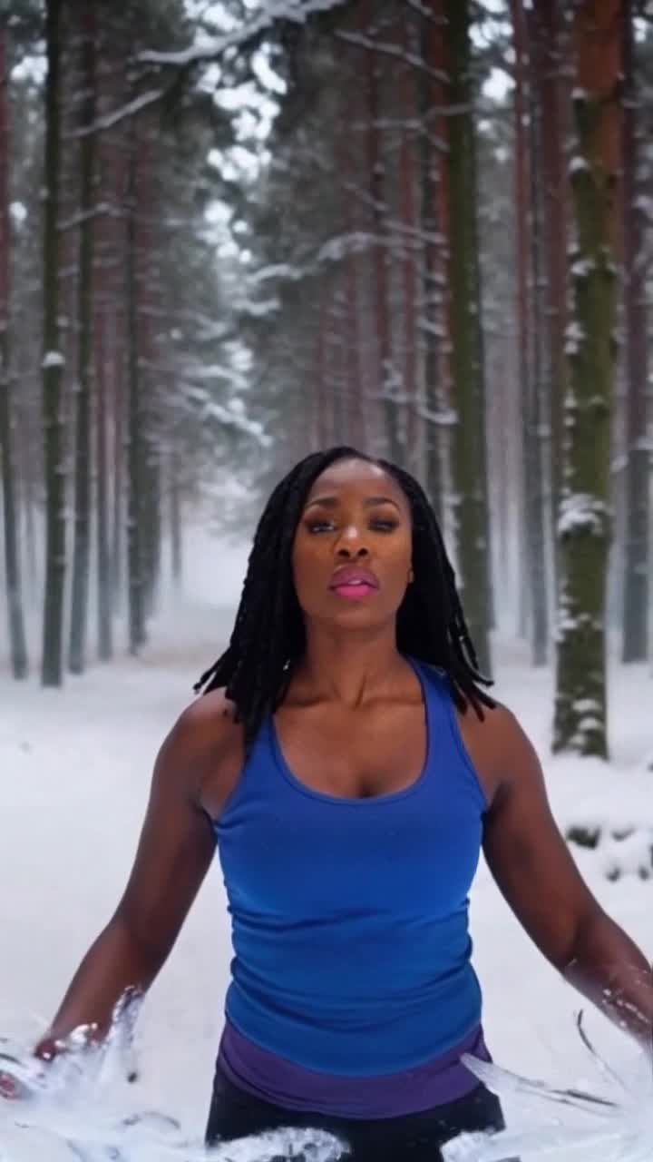African American woman in a vibrant blue tank top conjures radiant Icicle Blades shimmering with frosty energy swirling around her fingertips glistening in the sunlight Ethereal snowflakes dance in the air as she gracefully shifts her body drawing power from the chill of an enchanted winter forest Majestic snowcovered trees tower around her cloaked in a veil of mist while gentle winds carry whispers of ancient magic weaving through the frozen landscape