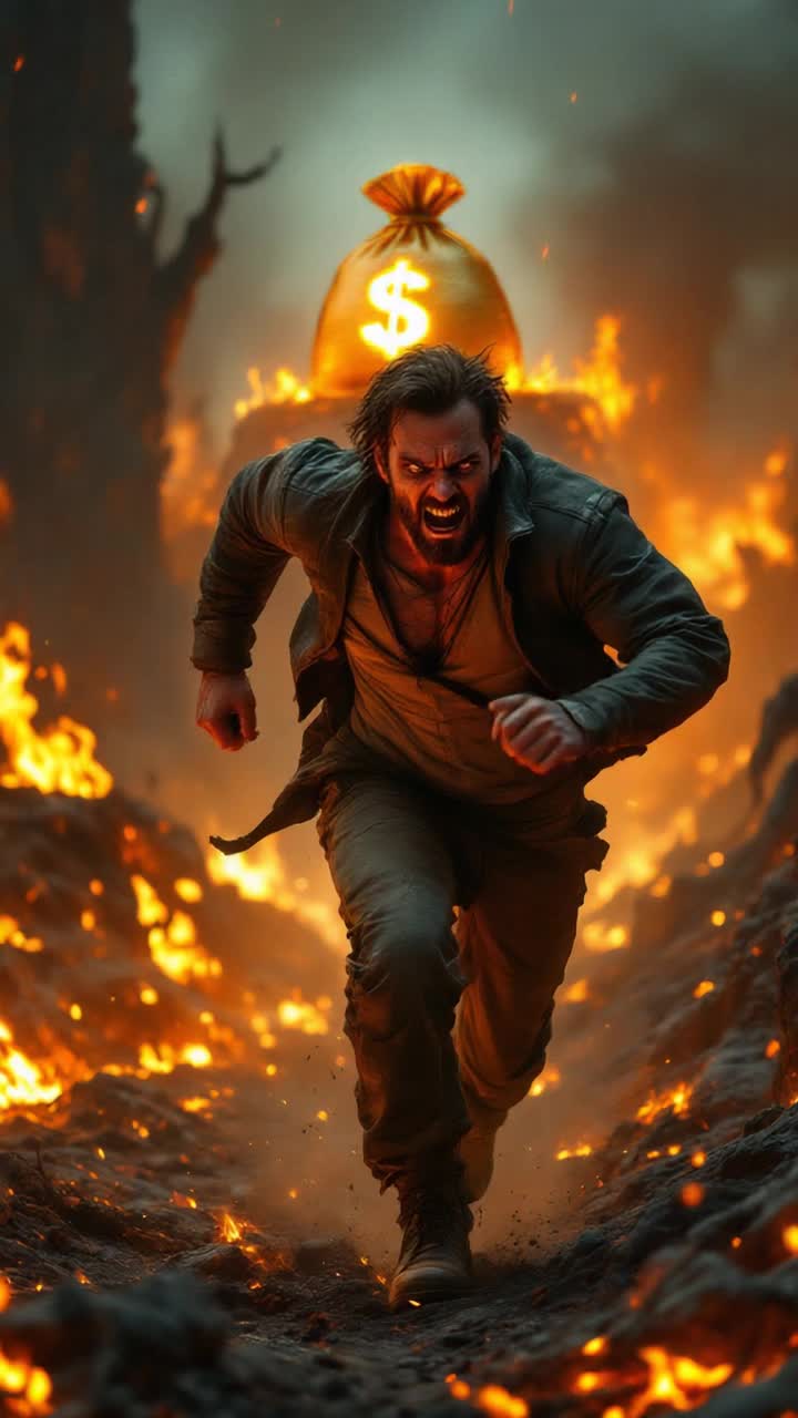 Madman running through hell to get to a big bag of money 