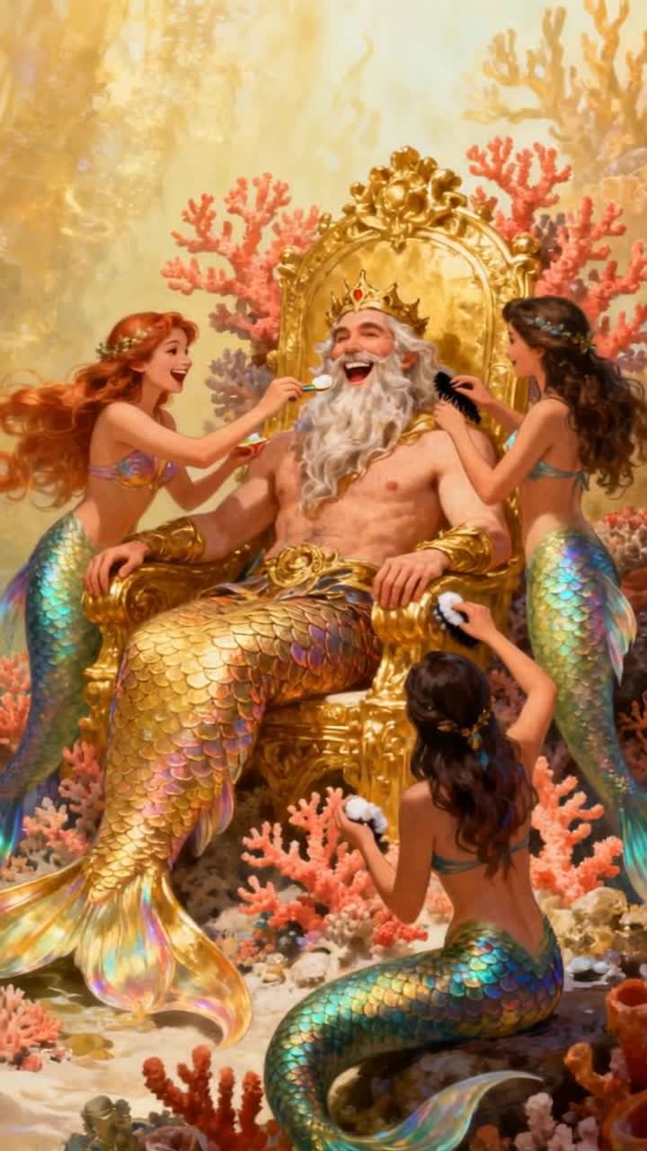 King Neptune sits, beaming and laughing, upon his coral and golden throne, attended by beautiful mermaids who feed him, comb his beard, polish his scales, and perform for his amusement