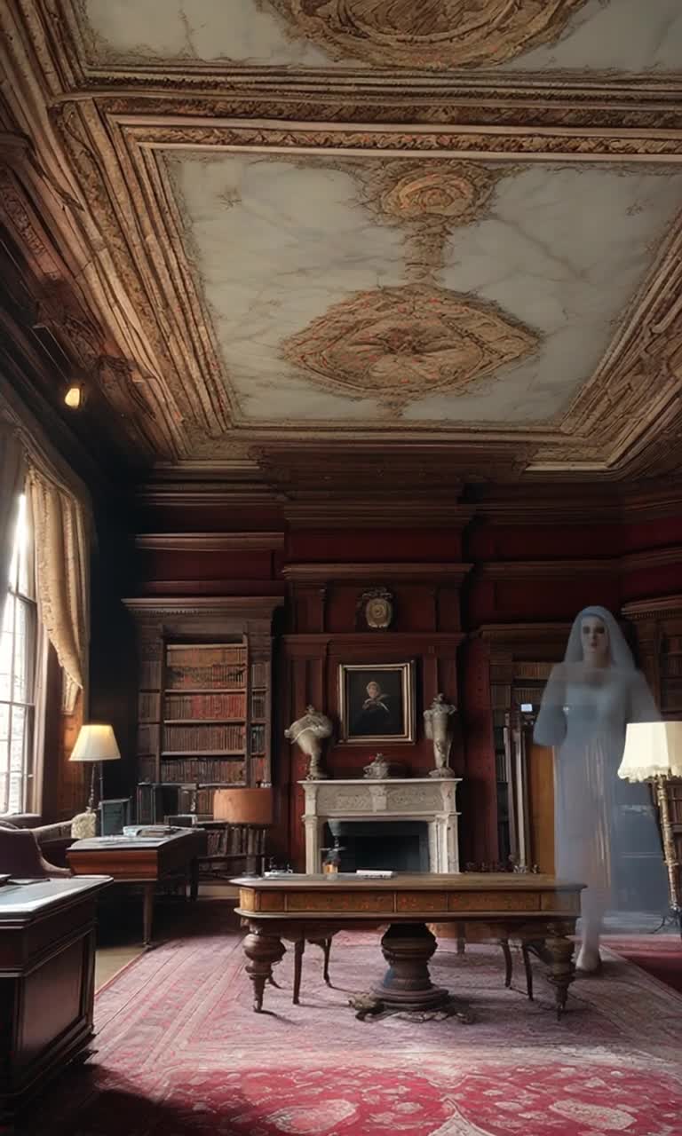 An ancient English mansion in Britain in a room that served as a beatiful resplendant library There is a  large beautiful marble fireplace, a predominantly maroon turkish carpet,  large leaded windows with rotted draperies  There are lovely old marble tables ,wooden shelves and old wooden and leather furniture from 1865 The entire room is neglected with huge cobwebs A thin tall foglike whispy wraith is drifting in and out of the room there a suggestion of old fashioned female clothes