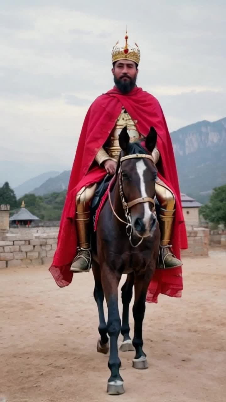 A brave and just king wearing royal armor, a red cape, and a golden crown, riding a majestic horse The setting is a small kingdom with Himalayan mountains in the background, reflecting an ancient Indian kingdom