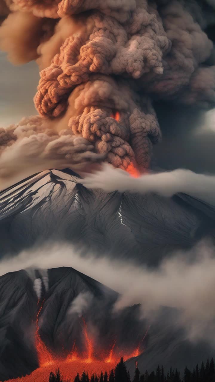Panicked crowds of diverse individuals sprinting in various directions faces filled with urgency and fear backpacks flailing behind them Fiery debris bursts from Mount St Helens ash cloud billowing into the sky swirling into a chaotic tempest Smoky gray skies darken as vibrant lava flows cascade down the mountainside illuminating the scene in eerie orange hues Surrounding trees bend and break under the pressure of the eruption while distant mountains loom ominously in the background creating a dramatic contrast against the chaos unfolding Dust clouds envelop the ground as people scramble toward safety through rugged terrain
