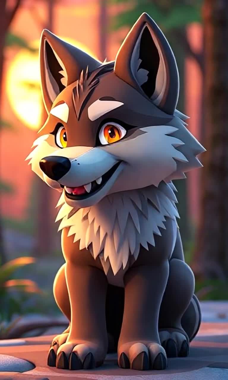 Wolf with shimmering tritone fur blends flawlessly into lush forest foliage gracefully prowls through vibrant hues of sunrise paints sky in shades of orange and pink ethereal glow illuminates scene as wolf pauses to gaze over tranquil landscape fangs bared in playful smile showing intelligence and spirit dynamic movement captured in full body view showcasing delicate features from twitching ears to bushy tail surrounding ancient trees and dappled sunlight create enchanting atmosphere brimming with adventure and wonder inviting exploration into untamed wilderness of imagination