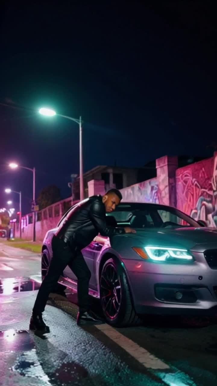 White male hip hop artist exuding confidence  in sleek black attire leaning against a modified Toyota Supra radiating power and style revving engine in rhythmic anticipation gleaming under neon streetlights vibrant night cityscape bustling with energy graffiticovered walls echoing urban culture shimmering reflections in puddles from recent rain contrasting shadows adding depth to scene