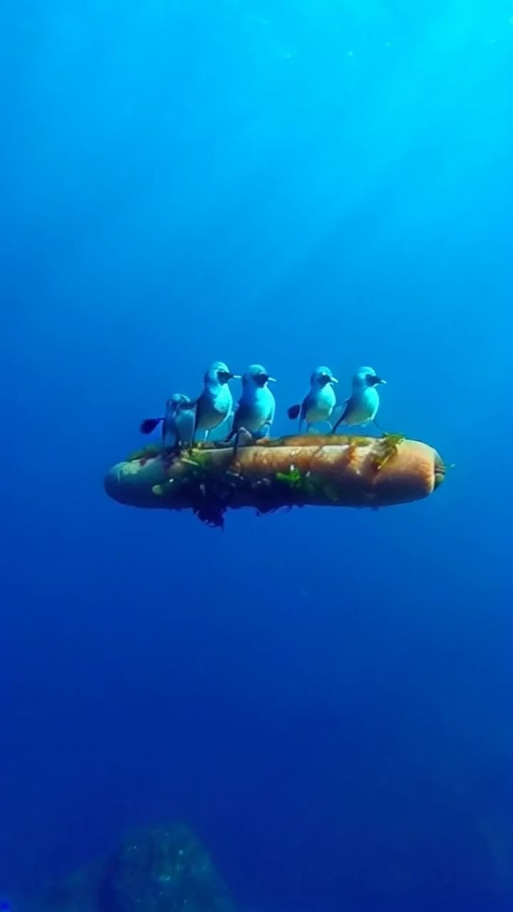 Seahorses riding through the ocean  on a hot dog