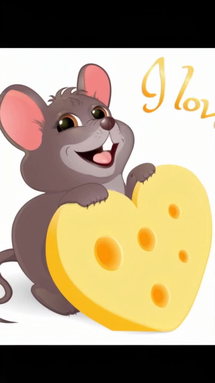 Make this pic move, make the mouse talking and singing, dancing with heart shaped cheese , spinning round and round and showing hheart shaped cheese SAY CHEESE 