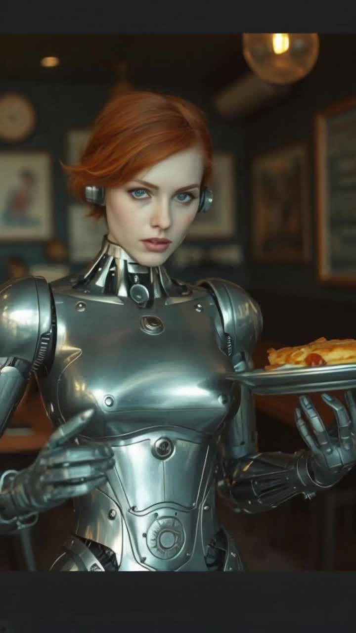 A beautiful red head woman, as a robot, siver metal and working gears visually as her body, she angrily walks, a Tim burton background, she waitresses robotically, at a black and green themed restaurant, serving food as people take advantage of her, shes holding a tray of food