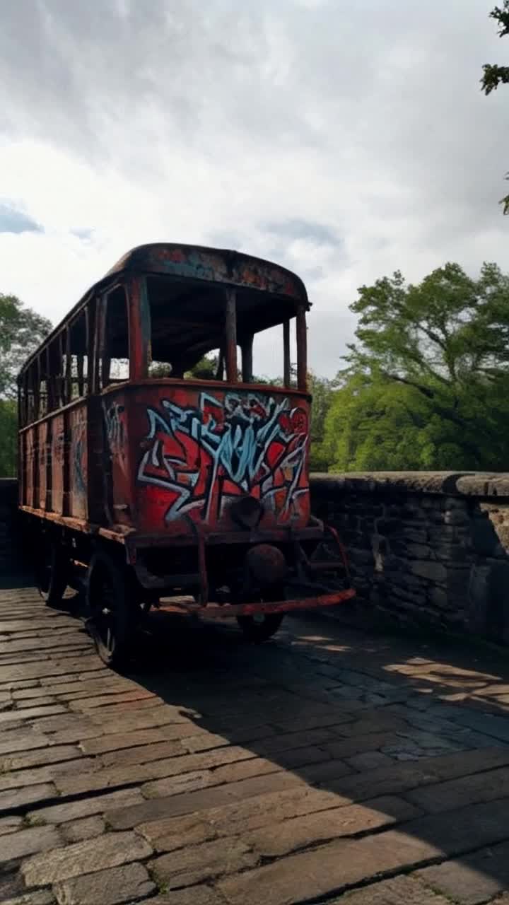 Rusty trolley with vivid graffiti details positioned defiantly on an old stone bridge Creeks and groans disrupt the silence as the trolley stands its ground under a cloudy sky Shadows stretch across the bridge as the wind rustles leaves on nearby trees adding tension to the scene