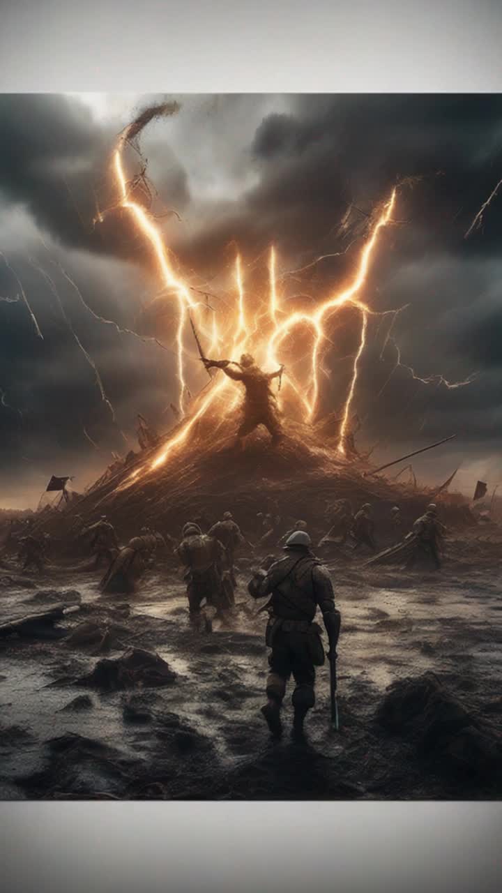 High vibrational warrior radiating waves of energy surrounded by fallen warriors and flickering remnants of battle banners unleashing powerful pulses of light transforming chaotic battlefield into a harmonious landscape shifting soil and displacing debris with extreme precision exuding an aura of determination under a stormy sky filled with dark clouds crackling with electricity illuminating fierce expressions of valor and resilience