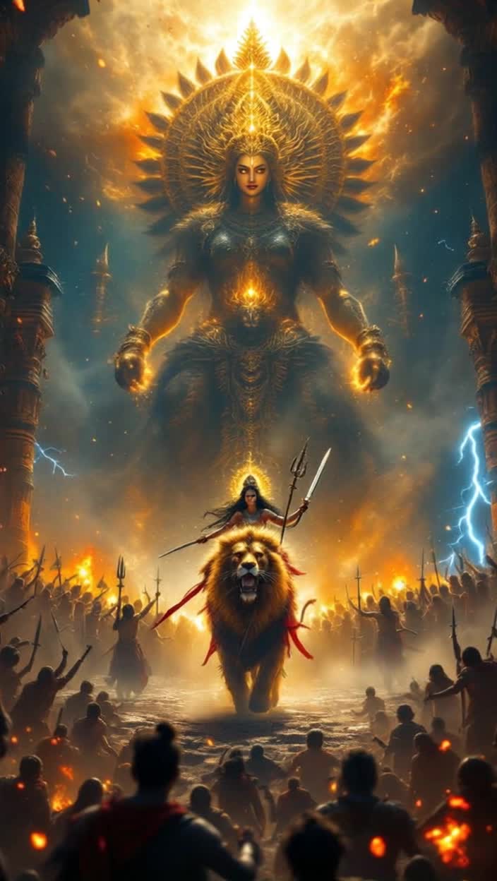 Mighty Mahishasura towering in a grand chaotic palace surrounded by trembling asura soldiers filled with fear Radiance of Goddess Katyayani arrives riding a majestic lion exuding divine calmness Wielding a shimmering trident and a sharp sword Shadows flicker as Mahishasura bellows with arrogance demanding to know her whereabouts While fierce winds and swirling dust envelop the battlefield thunderous challenges echo amidst clashing forces Lightning strikes illuminate the scene during their brutal duel as fireballs blast through the air Goddess Katyayanis eyes gleam with purpose as she declares his fate With a final sweeping strike