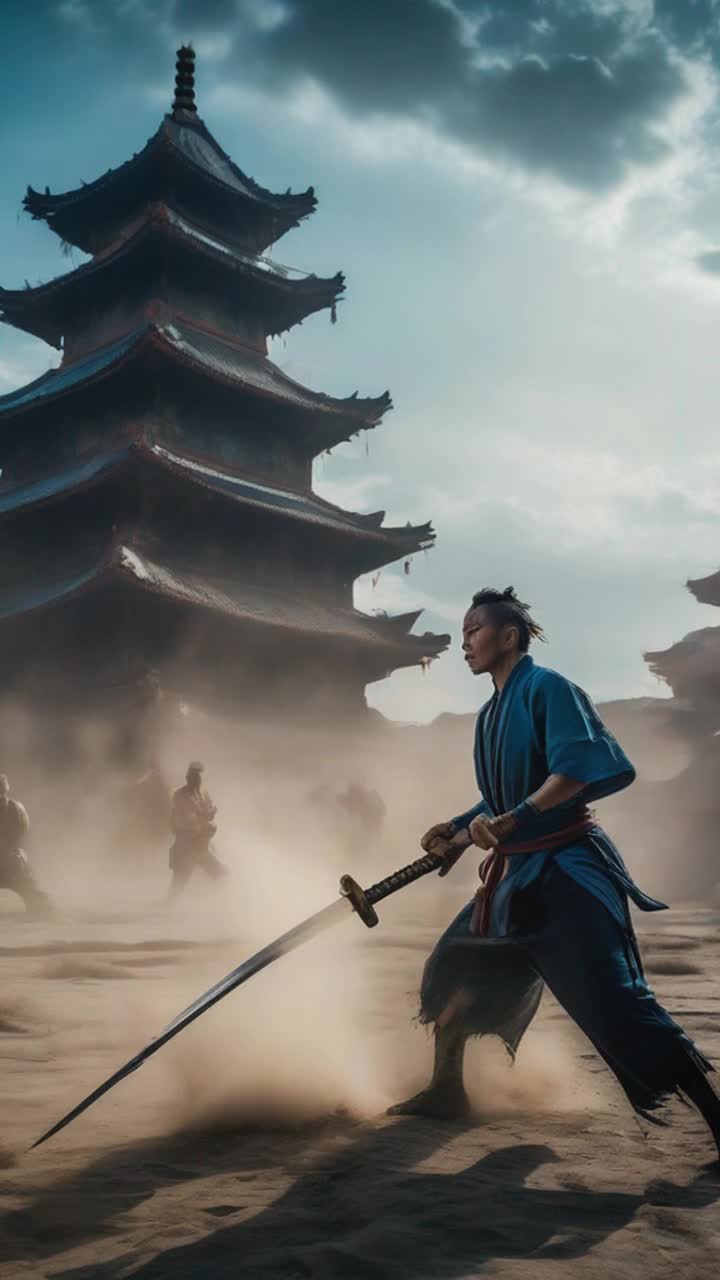 High vibrational warrior with spiky hair radiating energy unleashes powerful barrage of ancient martial arts techniques each strike crackling with shimmering atomic blue energy rippling through air Deep in enemy territory surrounded by shadowy figures and crumbling ruins vibrant flashes of energy illuminating darkened landscapes with echoes of distant battles and haunting winds whispering secrets of past confrontations