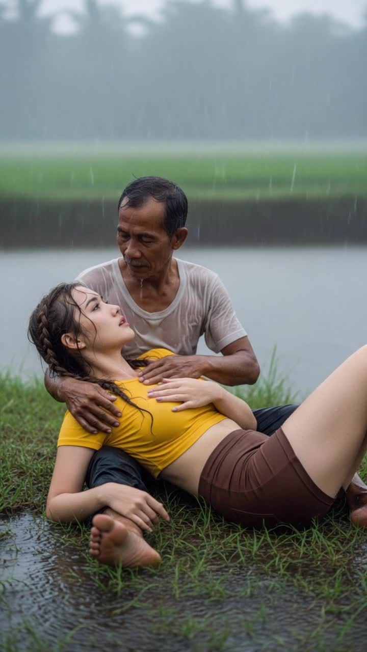 Heavy tropical rain pours as one figure gently reclines across another, their posture calm and close The upper hand moves slowly in a soothing circular motion near the chest area, while the other hand rests still on the shoulder Hair shifts softly with the ambient breeze Fabrics cling and shift subtly from the rains weight Raindrops splash on the ground, and mist rolls in the background The whole scene breathes  slow, emotional, and soaked in silence camerastabilization smooth lighting overcast motionintensity 03 subtle fabric motion gentle hand movement soft rain animation film grain realistic physics no glow no bloom