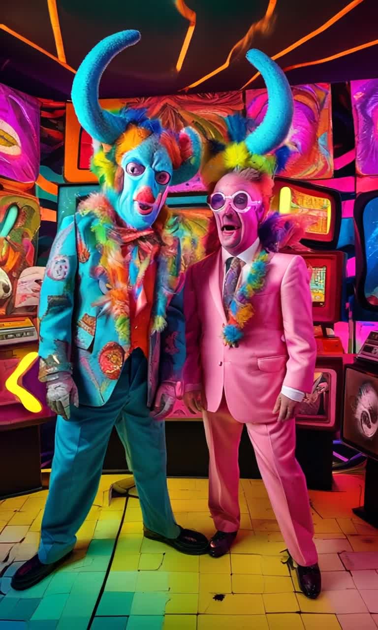 Grotesque creatures with drooping snouts twisted horns long tails adorned in vibrant mod 1960s attire collide in chaotic banter and laughter amidst zany psychedelic game show atmosphere Colorful oversized squares flash neon lights from a backdrop overflowing with psychedelic patterns rich in vibrant hues echoing vintage television sets Ridiculous challenges unfold as these bizarre contestants drool squabble and engage in comical displays of charm and horror capturing the absurdity of this parody