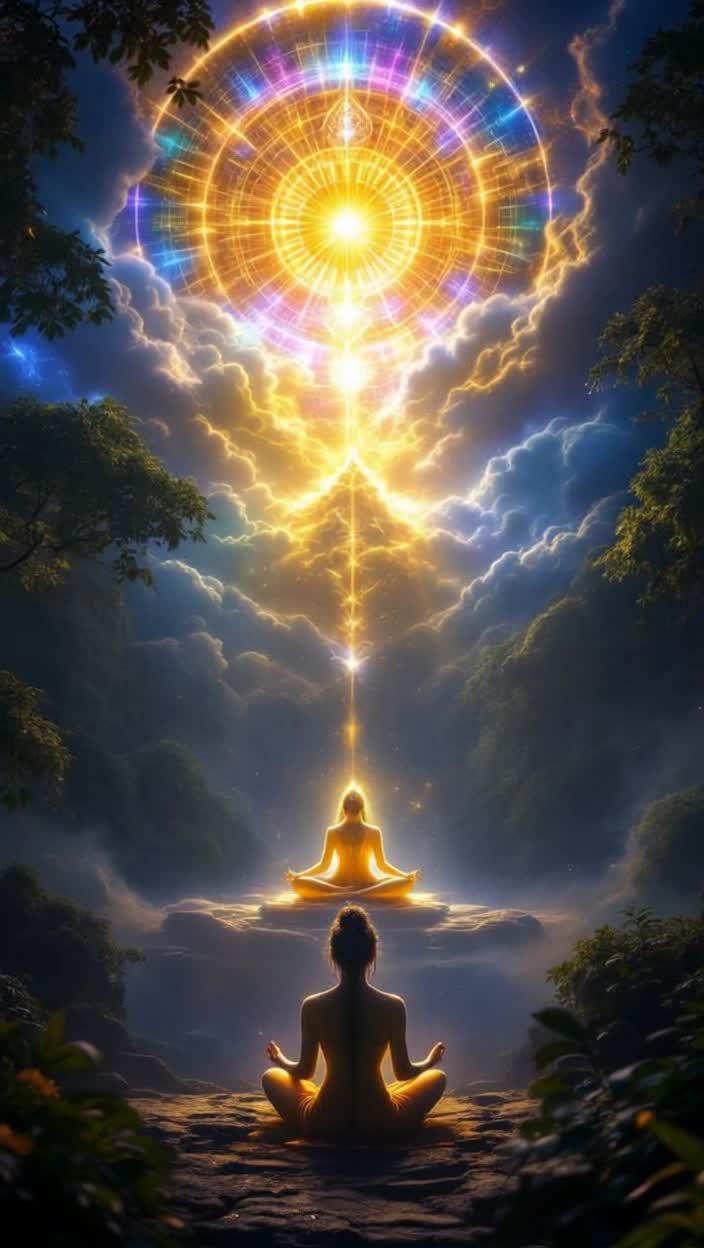 Goddess Katyayani seated in meditation surrounded by radiant golden light within a lush serene grove emanating tranquility She rises with divine grace showcasing her courage and strength The backdrop shifts to vibrant celestial realms as sage Katyayanas intense penance brings forth this powerful deity Dark clouds gather depicting Mahishasuras reign of terror as gods tremble in fear Suddenly