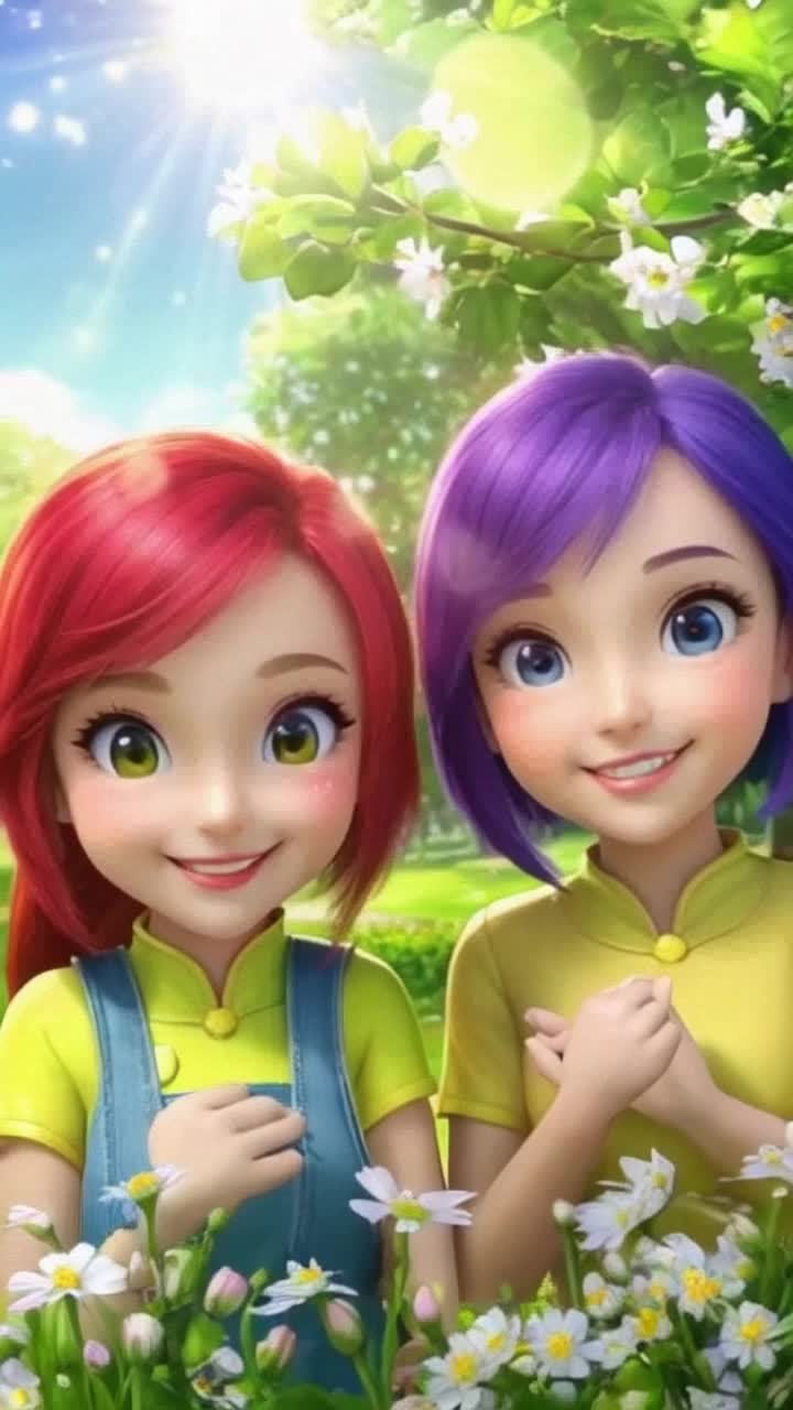 Two vibrant, animated characters with expressive eyes and colorful outfits wave energetically at the viewer with big smiles Radiant sunlight beams down illuminating a lush green park filled with blooming flowers and fluttering butterflies creating a joyful atmosphere