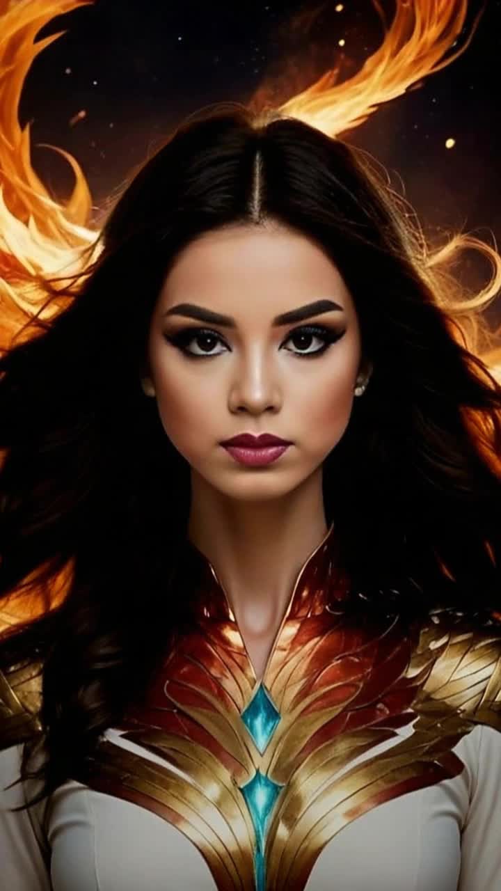 Elegant woman with long dark flowing hair radiating grace and strength swirling in vibrant circles of fire illuminating the scene fiery hues casting dynamic shadows across her silhouette mystical energy crackling in the air enchanting atmosphere pulsating with excitement striking contrast between beauty and power