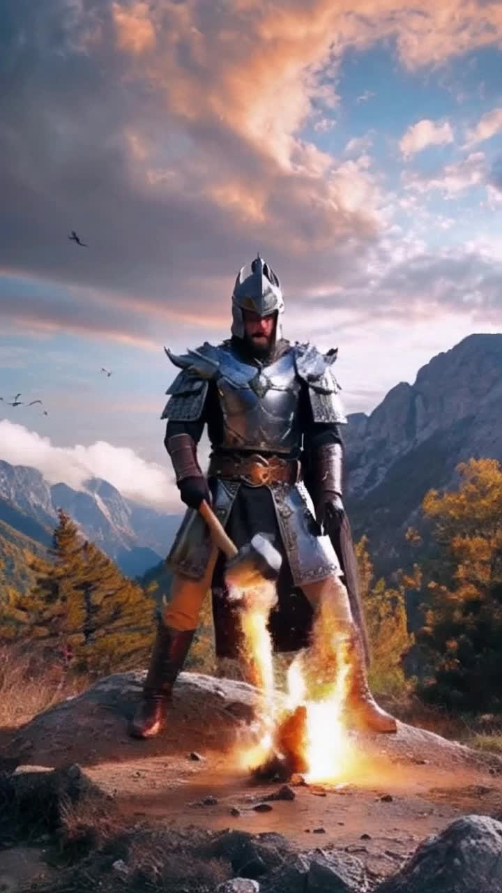 Warrior clad in radiant Armor of Light grasps mighty Atomic Hammer of Justice strikes fiercely forging a path against looming majestic mountains vibrant colors dance in the sky celebratory birds of Earth soar above chirping harmoniously heralding his noble mission vibrant foliage sways gently in the breeze golden rays of sunlight pierce through clouds illuminating his determined expression echoing with strength and purpose wind whispers secrets of the land as every strike resonates powerfully through the air creating ripples of energy across the terrain