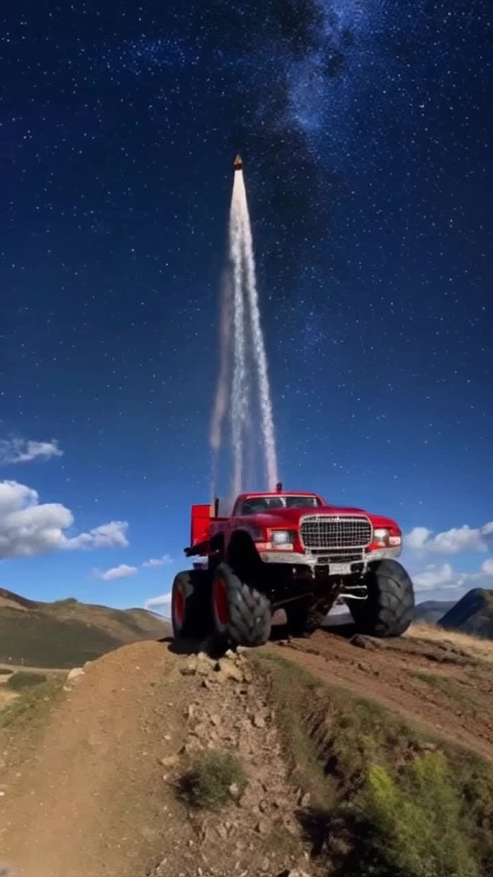 Gleaming red sparkle swirled monster truck racing madly against a backdrop of stunning New Zealand hills A giant 4x4 monster truck erupts into liftoff as it hits the hilltop peak transforming into a colossal man with bulging muscles Jet propulsion ignites launching him into space at extreme velocity Comet tail light trail blazes behind him illuminating the dark expanse of the universe Stars twinkle in the distance as he breaks through the atmosphere leaving a trail of sparks and brilliance shimmering in the night sky