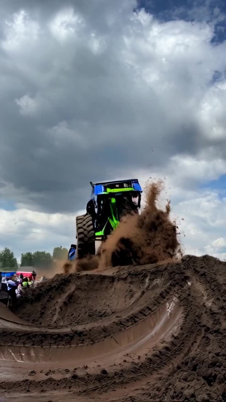 Majestic black blue neon green bulldozer monster truck Thunderous engine growls tires grip slick muddy terrain Launches off a massive mound soaring elegantly through turbulent skies Flips end over end brilliant colors flashing against swirling clouds Mud splashes erupting in every direction Surrounded by a chaotic muddy racetrack lined with enthusiastic spectators Hands raised in excitement faces lit with joy Adrenaline surging through the electrifying atmosphere as cheers echo filling the air