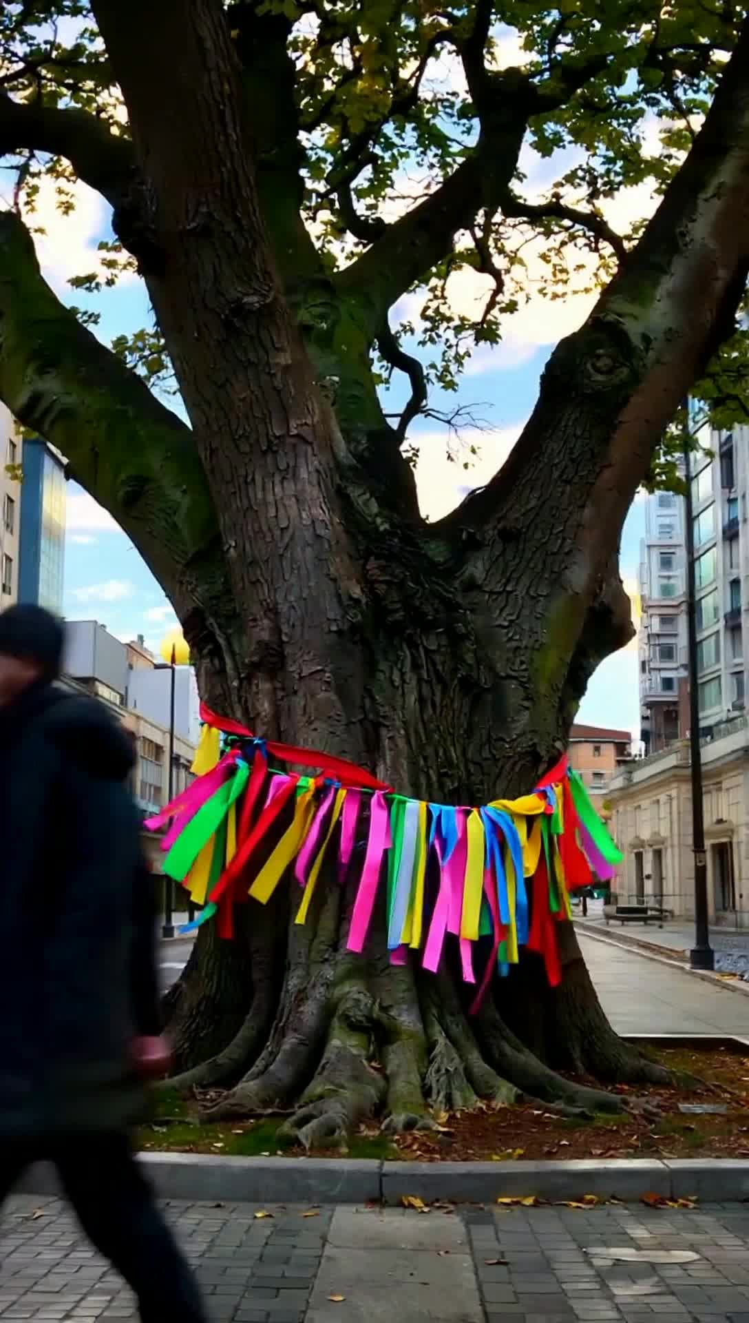 various colored ribbons tied to an oak tree on an urban street blowing in the wind