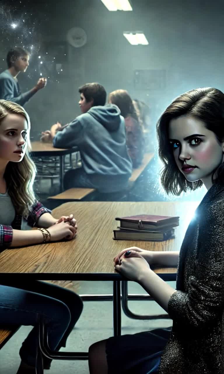 Sitting at the lunch table in the school cafeteria, get situated as they wait for the fourth member, a sister of their coven of their radical out cast group, 