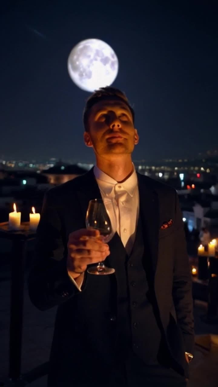 A dapper man in a tailored suit holding a sparkling crystal glass raised high to the moonlight his eyes gleaming with excitement swirling shadows moving gracefully around him flickering candlelight casting mystique over an elegant rooftop terrace overlooking a shimmering cityscape twinkling with vibrant nightlife laughter and music filling the air creating an enchanting atmosphere packed with energy and anticipation