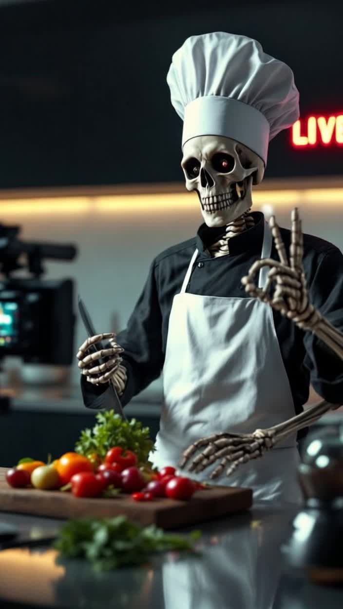 A skeleton wearing a white apron over a chef uniform and jaunty chef hat is in a sleek and modern kitchen in front of a television camera where a camera skeleton man gives a skeletal thumb up that they are an the air, live as a neon sign over the skeleton camera man suggests   The skeleton chef has just chopped up a bunch of vegetables to make a smoothie with, using the knife against the chopping block,   the skeleton scrapes the chopped veggies into the blender   and the   hand     holding the knife    falls into the blender,    the knife falls onto the counter,  the skeleton pauses with a grimace, looks at the viewer and gives an awkward, embarrassed smile,    setting the chopping  board down    to reach into the blender    with the other skeletal hand,     grab the fallen skeleton hand out     and reattach back to the wrist,    then waves that everything is okay, even making the okay sign with the reattached skeleton hand  