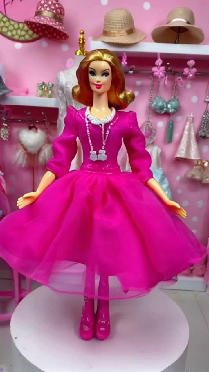 Sparkling classic Barbie doll radiating charm in vibrant pink attire Twirling gracefully with a shimmer of nostalgia Surrounding her is a whimsical boutique filled with glimmering accessories pastel walls adorned with chic decor and playful polka dots