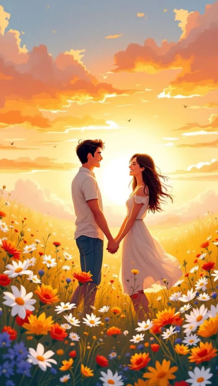 Couple radiating joy and warmth sharing playful glances intertwined laughter cherishing each moment together navigating lifes challenges Hand in hand they frolic through sunkissed meadows surrounded by blooming wildflowers soft whispers carried by a gentle breeze vibrant sunset casting a golden glow illuminating their smiles creating an enchanting atmosphere filled with love and spontaneity