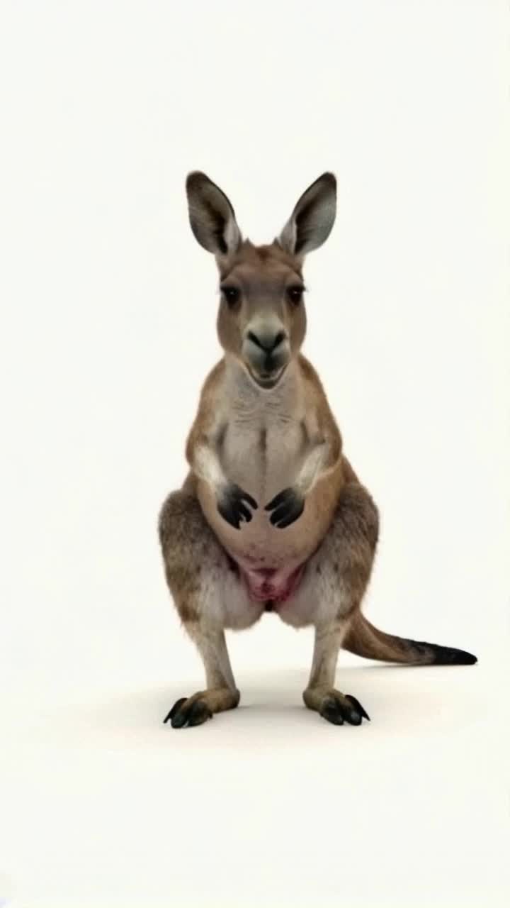 Low angle view of a giant kangaroo chasing a bunch of tiny people at his feet and laughing as he does it