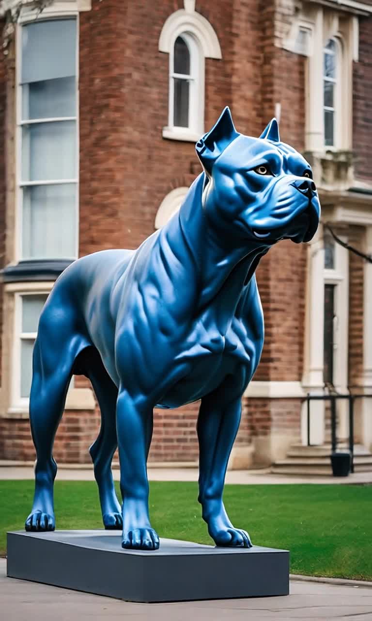 Giant statue of a blue Staffordshire pitbull dog