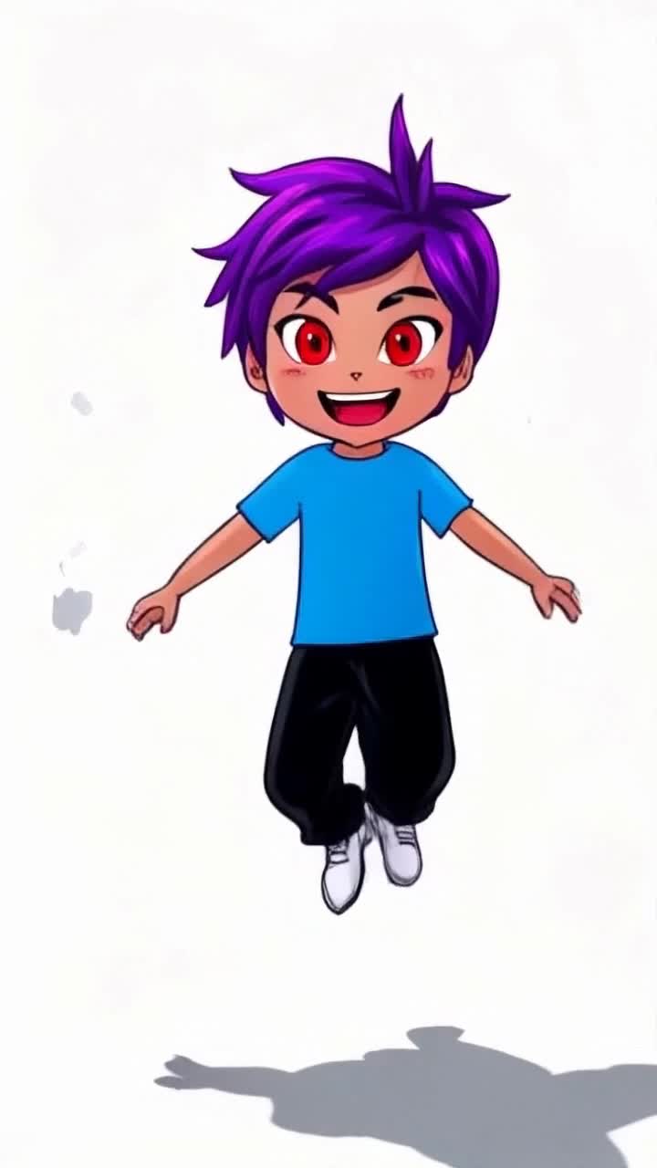 Cartoon character vibrant purple hair striking red eyes dressed in a bright blue tshirt loose black pants takes an energetic leap midair surrounded by a clean white canvas dynamic energy radiating from them playful shadows enhancing movements inviting backdrop of sheer simplicity
