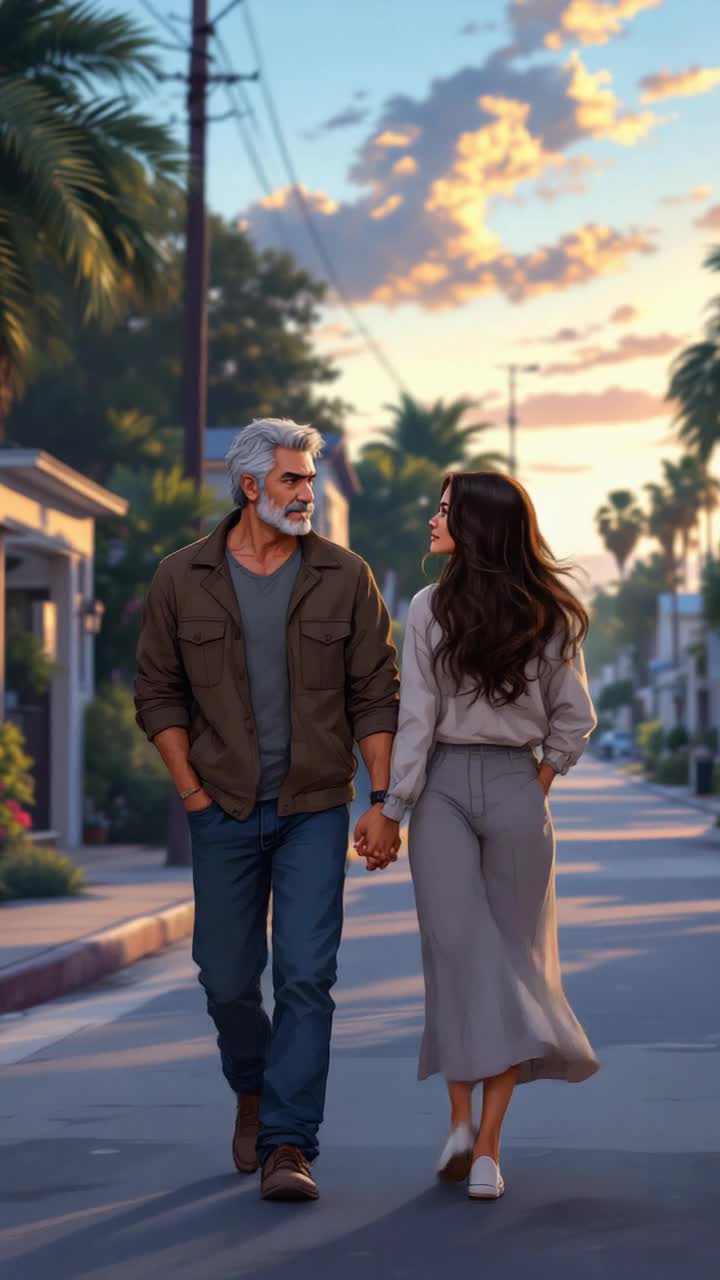Grey haired hispanic man in his 50s walking holding hands with a beautiful brunette woman