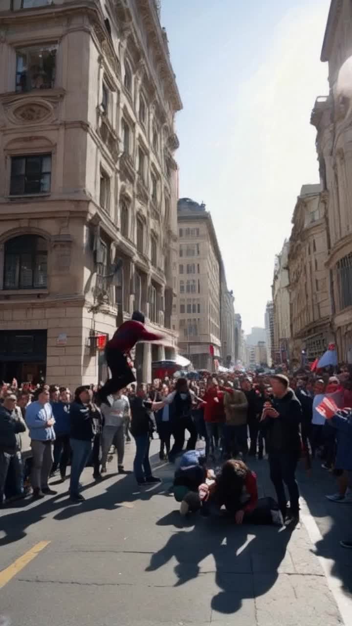 Heroic figure leaping from window into bustling street Crowds witnessing unfolding drama gasping in shock Engagement in fierce struggle against desperate thieves reclaiming stolen money Vibrant urban environment filled with surprised onlookers erupting in cheers smiling and clapping Creating a scene of triumph with sunlight streaming down casting dynamic shadows Thieves fleeing down the sidewalk panicstricken determination etched on their faces Energy and excitement swirling in air as onlookers celebrate brave actions