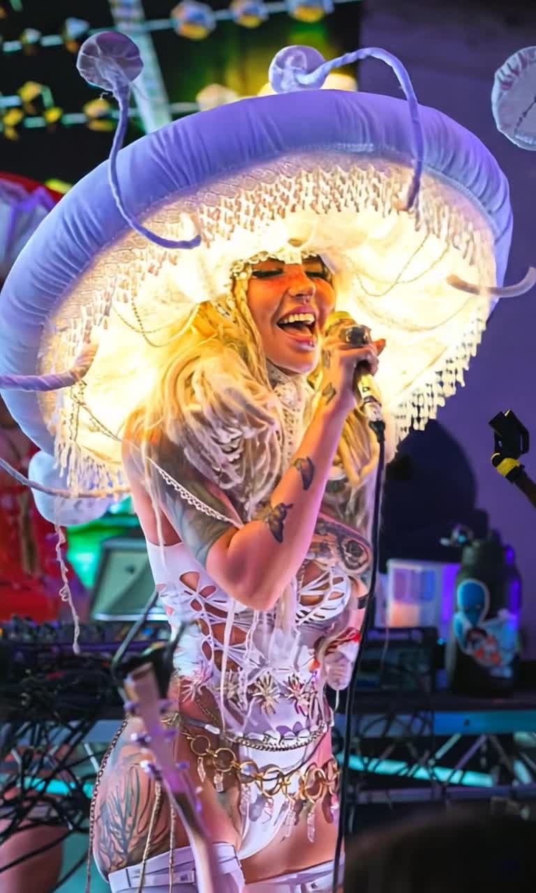 Vibrant woman twirling gracefully under dazzling stage lights Shaking her hips with infectious energy as she sings an uplifting melody Colorful confetti bursts around her creating a festive atmosphere Vibrant visuals of dancers joining in harmony in the background Rich textures of stage props enveloping the performance in an enchanting spectacle Enthralling audience captivated by her electrifying presence as she radiates joy and passion