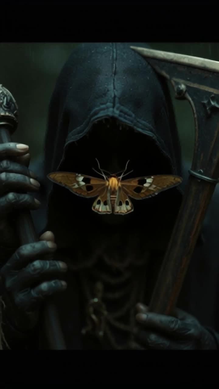 The grim reaper accepts the moth following him because deep down they are one and the same, 