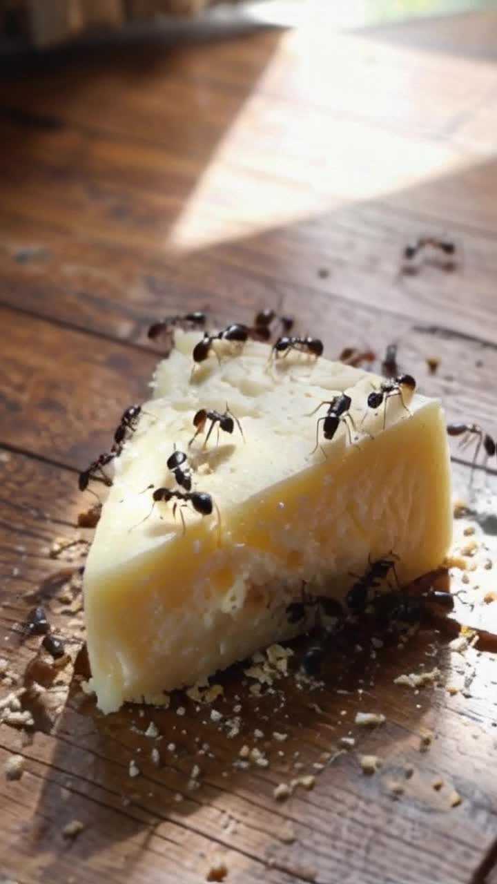 Swarm of tiny ants moving rapidly across a golden block of cheese  Ants diligently carving out bites and transporting morsels to their bustling colony  Cracked wooden floorboards create a rustic backdrop with scattered crumbs glistening under soft sunlight peeking through a window