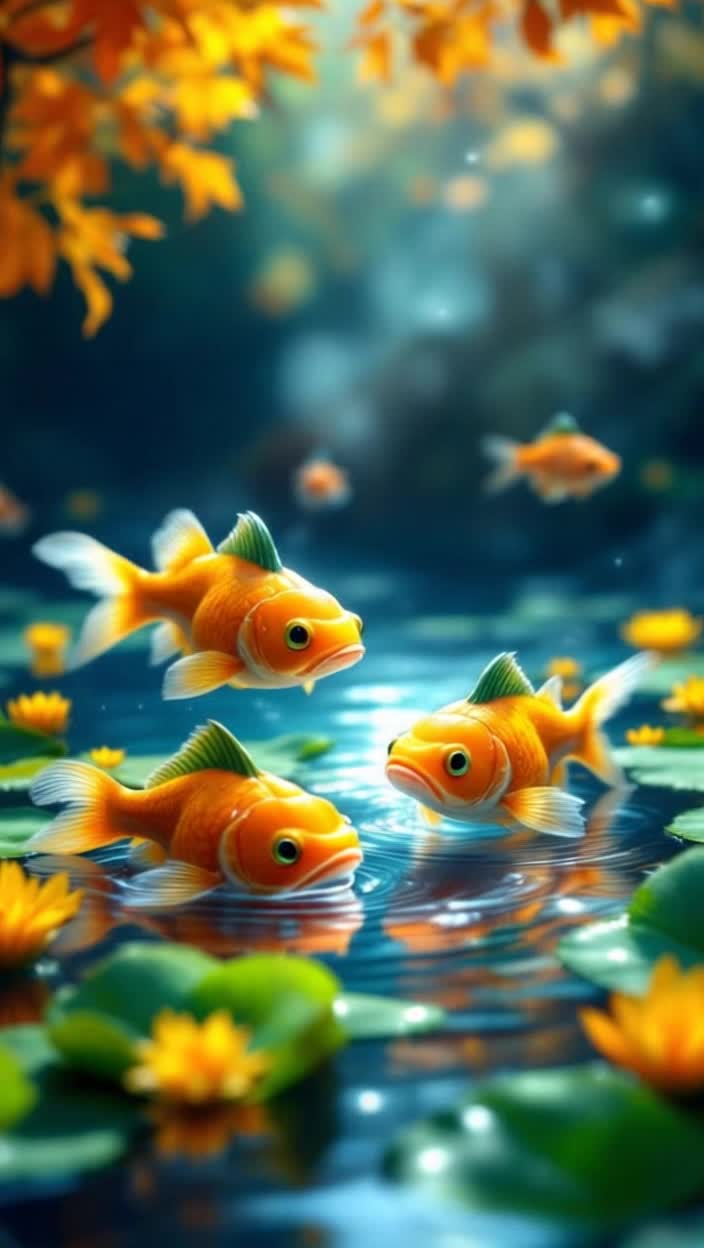 Miniature piranhas with vivid orange pumpkin patterns and green stems on heads swim playfully in a crystal clear pond Their sharp teeth glisten as they dart back and forth, creating ripples in the water Lush green lily pads float nearby, adorned with bright yellow flowers, while sunlight filters through the canopy of vibrant autumn leaves above Wisps of mist rise from the surface, casting a magical aura over this whimsical underwater world