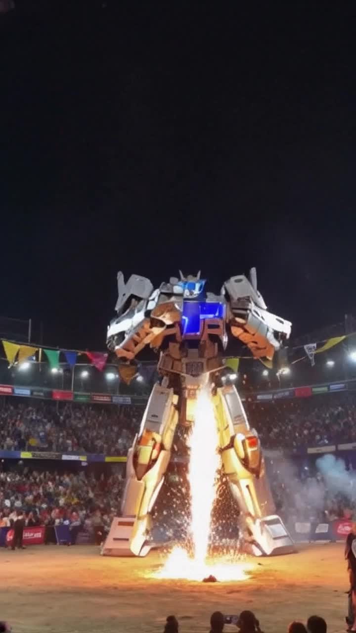 Colossal robot transformer towering over arena gleaming metal limbs reflecting lights  
Engaging in fierce battle clashing with rival machines unleashing a dazzling shower of sparks  
Exciting atmosphere filled with roaring crowd surrounded by colorful banners swirling smoke filling air