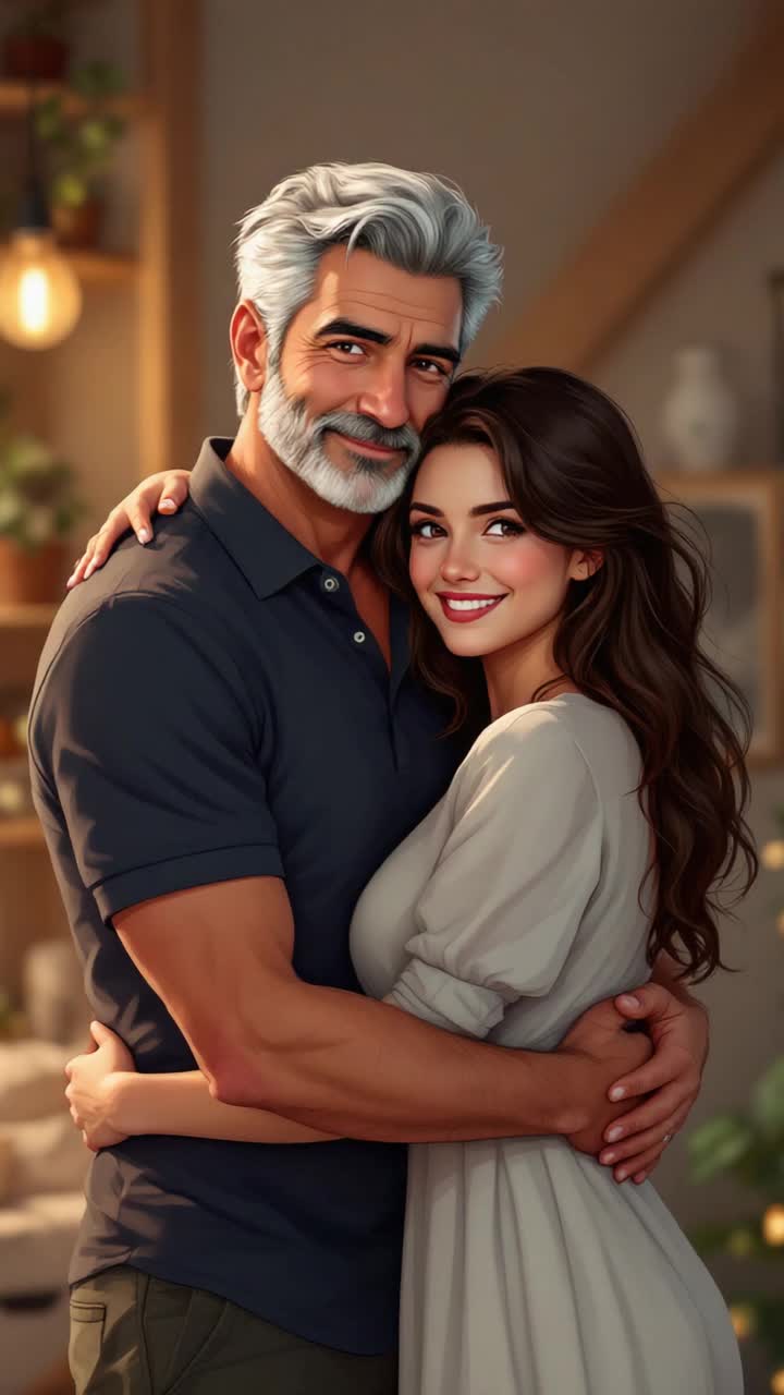 Grey haired hispanic man in his 50s hugging a beautiful brunette woman