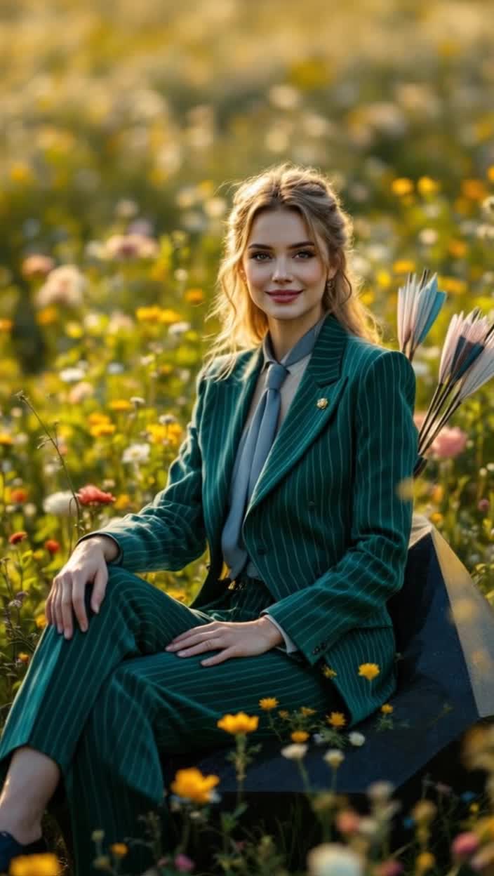 A black diamond seat sprouts out of the ground in a flowery meadow where she holds a quiver of arrows, sits, dressed in light and dark green velvet sewn in thee manner of a pinstripe suit, the tie is blue gray bordered in black silk, she smiles