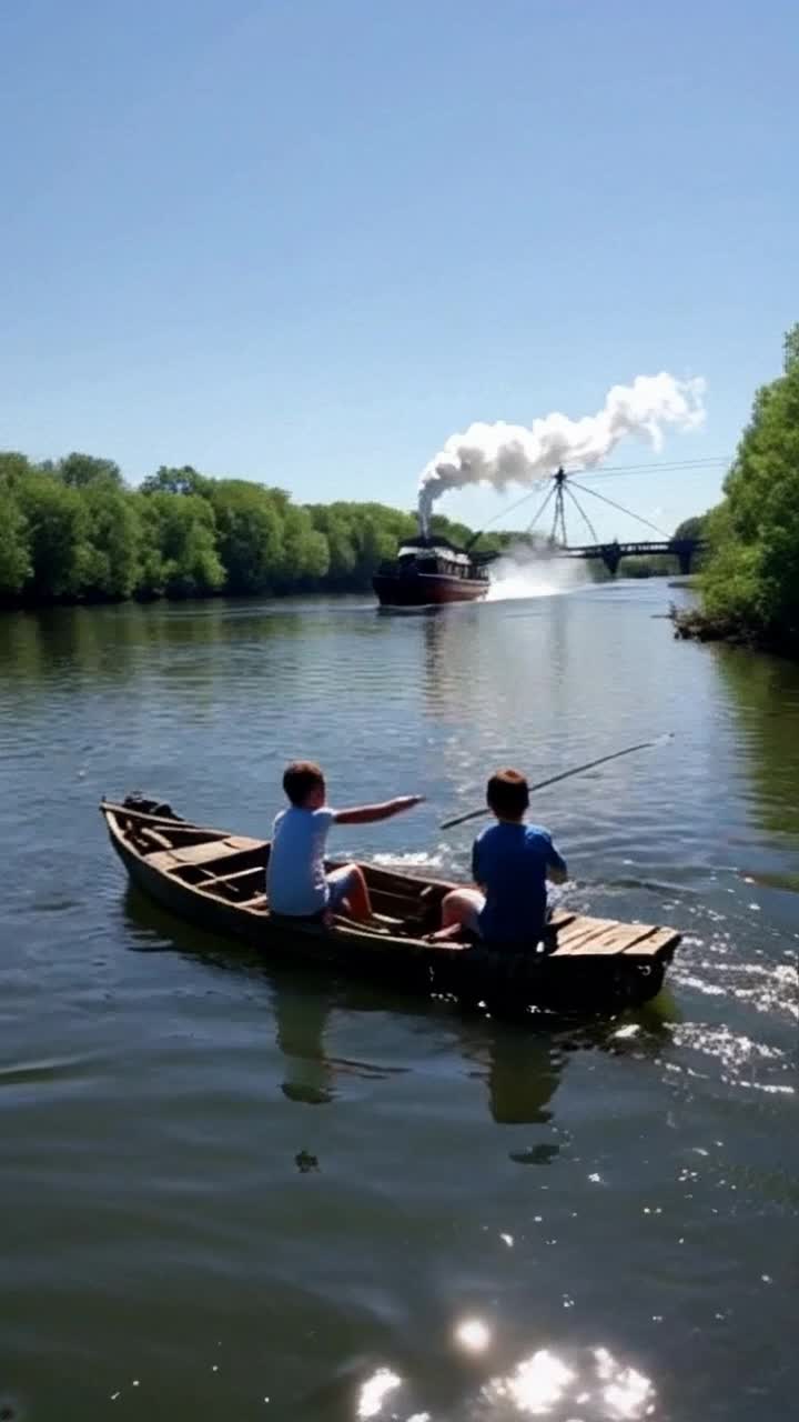 Two adventurous boys Tom Sawyer Huck Finn laughing joyfully casting fishing lines off a handmade wooden raft drifting smoothly along a wide flowing Mississippi River sun glistening on water creating dancing reflections vibrant green trees lining the banks soft ripples formed by their movements a majestic paddlewheel steamer chugging past releasing plumes of white steam into the bright blue sky the sound of splashing water blending with cheerful banter echoing across the serene landscape whimsical clouds floating lazily overhead
