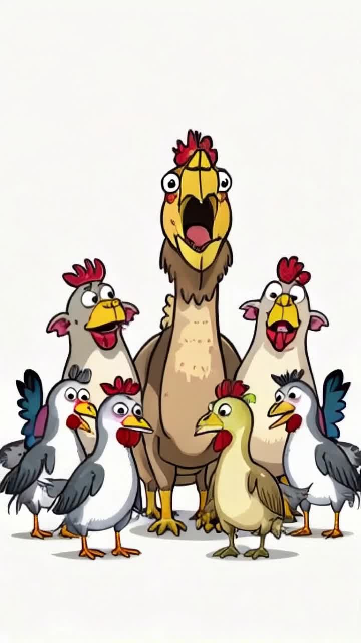 Create a humorous, cartoon style illustration featuring a group of animals gathered together in a tense meeting chickens, turkeys, ducks, a trout, geese, and a visibly distressed camel Each animal has an exaggerated, shocked, or terrified expression, with wide eyes and open beaks mouths  