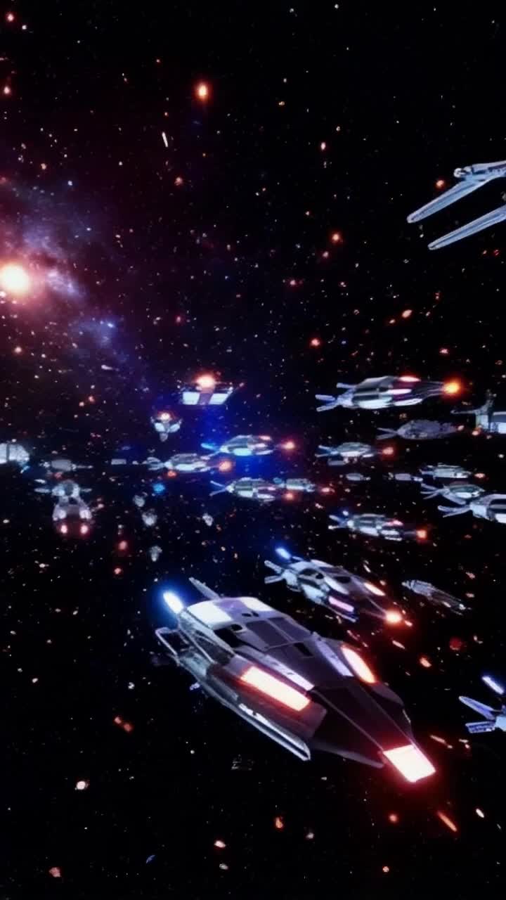 Thousands of sleek starships shimmering with metallic hues and pulsating lights darting through space  
Weaving gracefully amidst a vibrant tapestry of swirling technicolor debris  
Fluorescent glow of distant galaxies illuminating the cosmic dance of exploration and adventure
