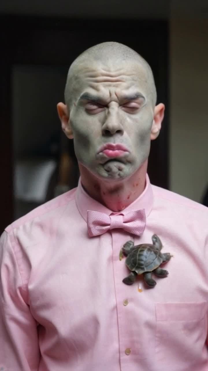 A sickly emaciated malformed grey belbung faciitis victim wearing a pink bandwet white dress shirt and a crushed and leaking turtle as a bowtie standing in front of its mirror frowning and raising one eyebrow at a time really fast and throwing up gangsigns, high definition high resolution sony pro lifelike textures 