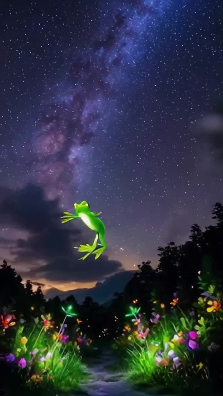 Vibrant green frog adorned with shimmering spots leaps gracefully through the air capturing delicate glowing wings midflight Glimmering twilight sky filled with scattered stars casts a magical aura Enchanted forest below bustling with colorful flowers and twinkling fireflies creating a dreamlike atmosphere