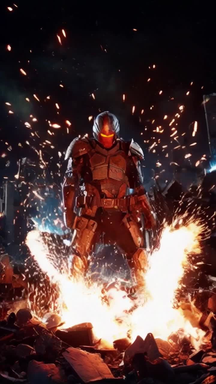 Weathered soldier in futuristic armor stands amidst ruins defying odds Sparks cascade as character clenches fists drawing power from within Flames engulf surroundings transforming into vibrant energy flow Rising determined with fierce intensity in chaotic battlefield showcasing cyberpunk elements Neon lights flicker through the debris illuminating fierce resolve amidst destruction Slow motion captures raw emotion as background music crescendos with every heartbeat Climaxual moments of rebirth shine brightly as captions appear boldly proclaiming Even in the darkest battles the human spirit can rise from the ashes