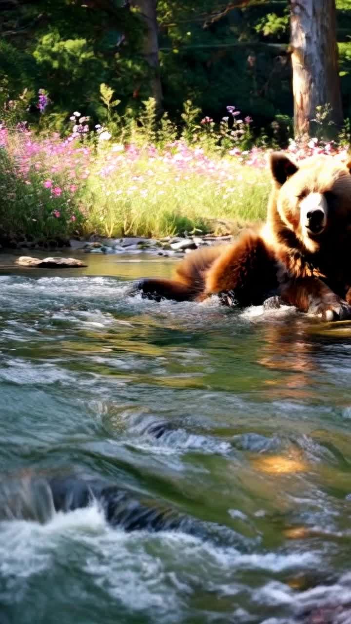 Two playful Kodiak bear cubs tumble joyfully splashing in a shimmering stream Bouncing and darting through water as fish leap gracefully above the surface A massive Kodiak bear lounges contentedly on the riverbank basking in warm sunlight Surrounded by vibrant wildflowers swaying gently in the breeze Towering lush trees form a canopy overhead while delicate butterflies flutter and dance in a kaleidoscope of colors