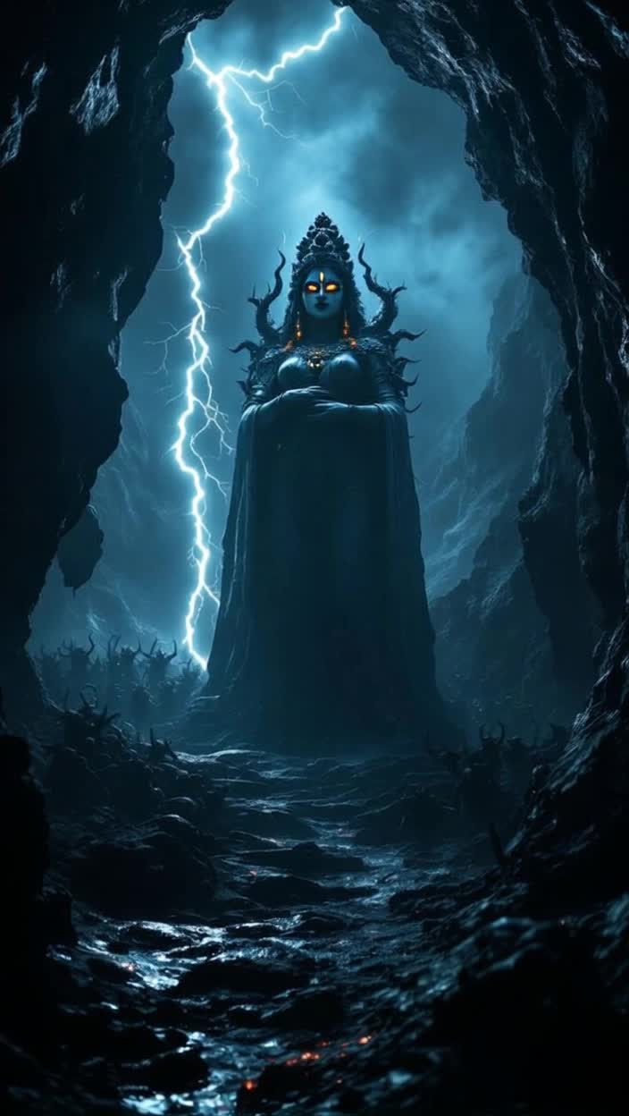 Dark cave illuminated by flickering lightning Terrifying yet serene statue of Maa Kaalratri stands tall Her glowing eyes radiate fiery intensity while her tranquil expression evokes calmness Chaotic thunder echoes outside a legion of menacing demons led by Raktabeej